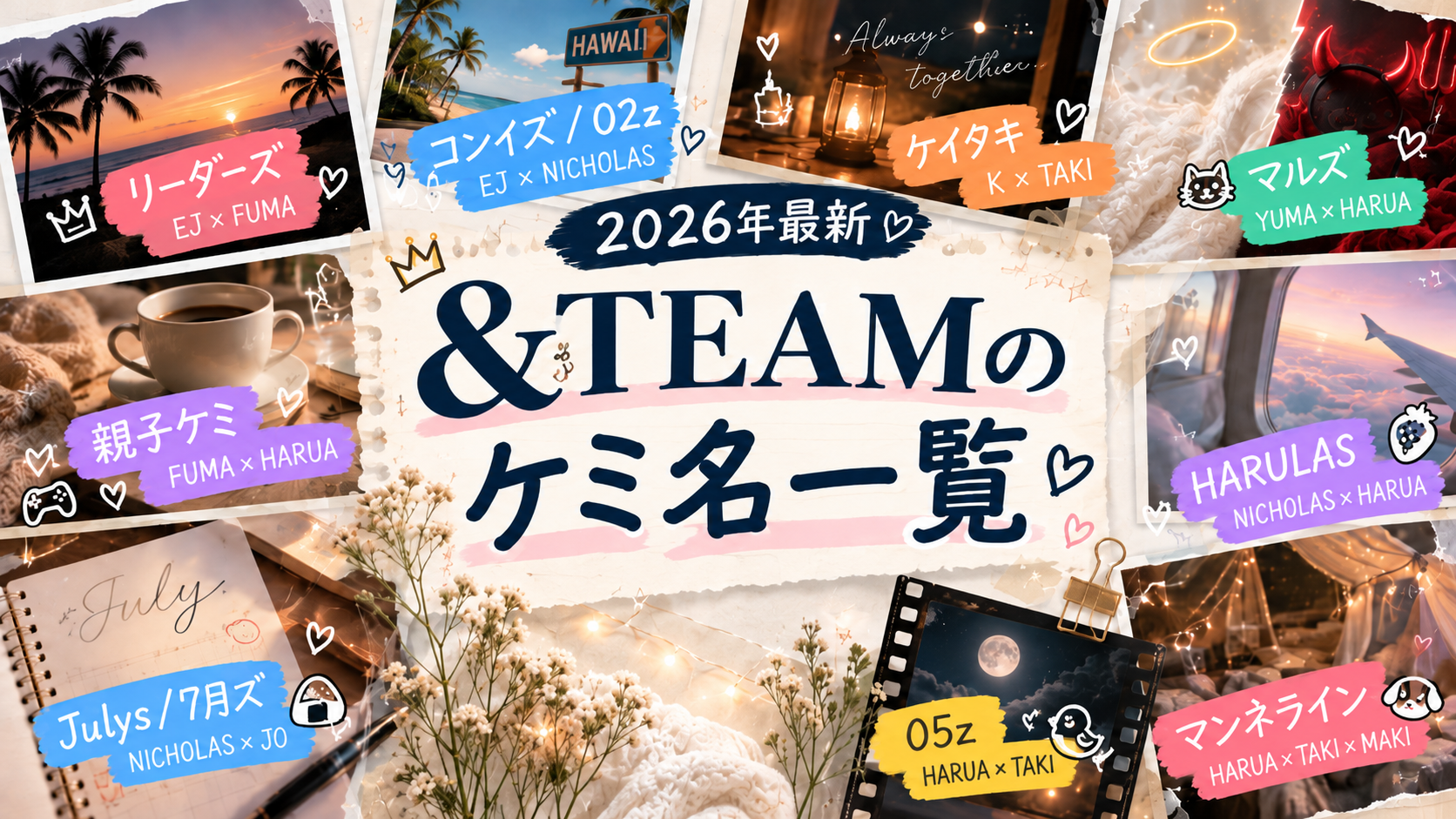 ＆TEAMのケミ名一覧を紹介する記事のアイキャッチ画像。リーダーズ、コンイズ、ケイタキ、マルズ、親子ケミ、HARULAS、7月ズ、05z、マンネラインを掲載。
